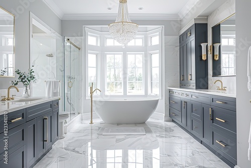 photo of a large master bathroom with white marble floors