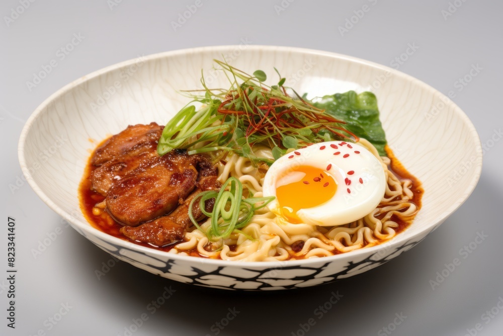 HeartyDelicious ramen on a porcelain platter against a white marble background
