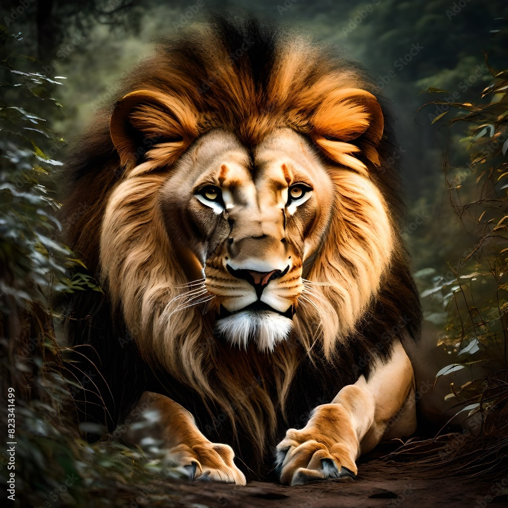 Naklejka premium a lion's roar as it stands proudly in the jungle 