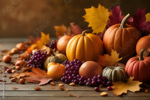 A vibrant Thanksgiving scene: abundant organic fruit, fallen leaves in Indian summer hues.