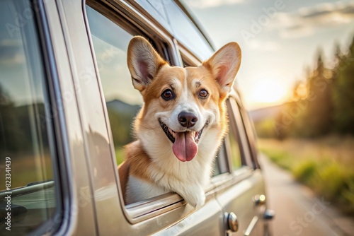 The concept of traveling with animals. A dog sticks its head out of the window of a car, a tourist van during a trip on a hot sunny day. © Юлия Клюева