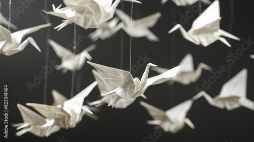 A series of folded paper cranes suspended in mid-air  creating a dynamic and artistic display