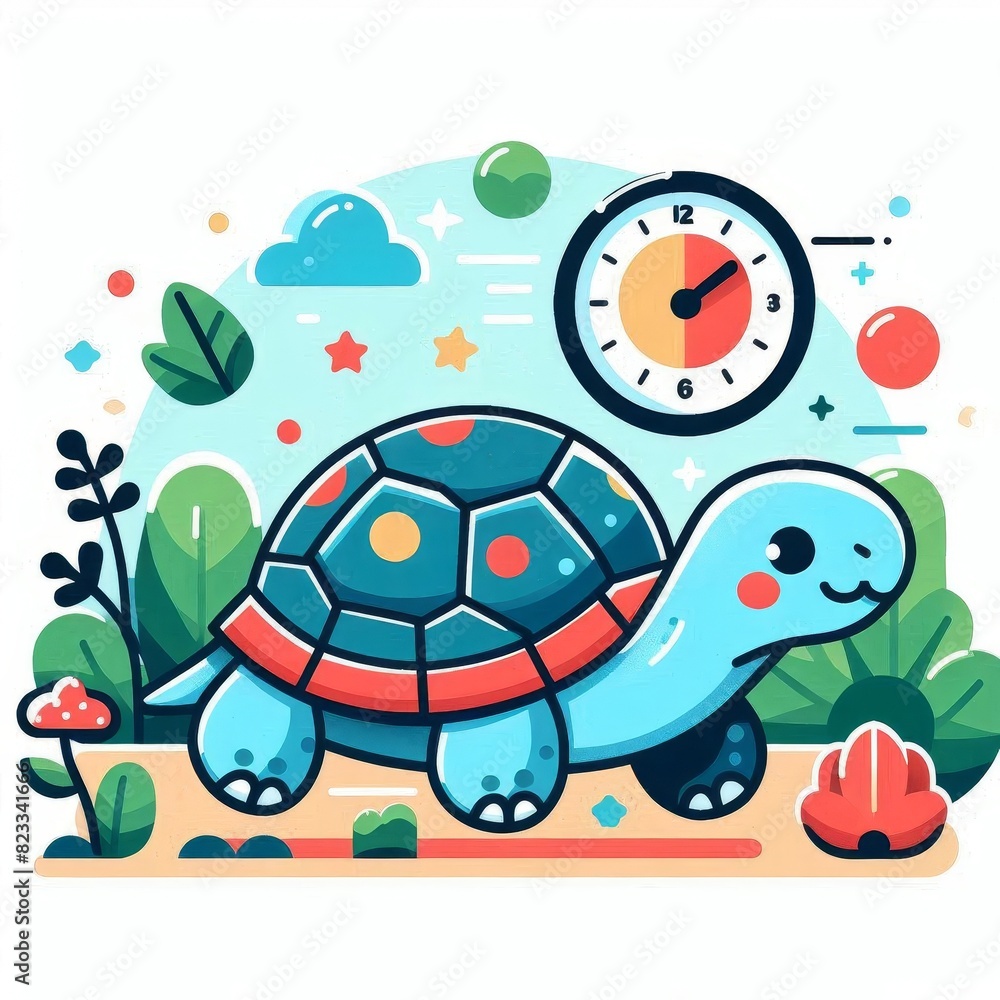 A cartoon turtle is walking in a forest with a clock in the background A cartoon turtle is walking in a forest with a clock in the background