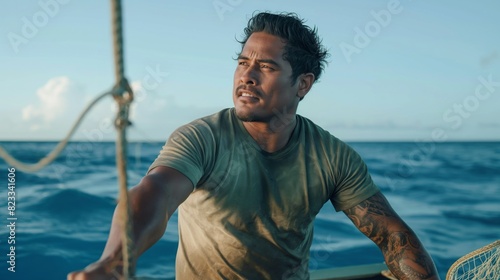 Samoan Man Sailing in Ocean, Cultural Heritage, Adventure, Maritime Tradition, Print Design for Posters and Cards
