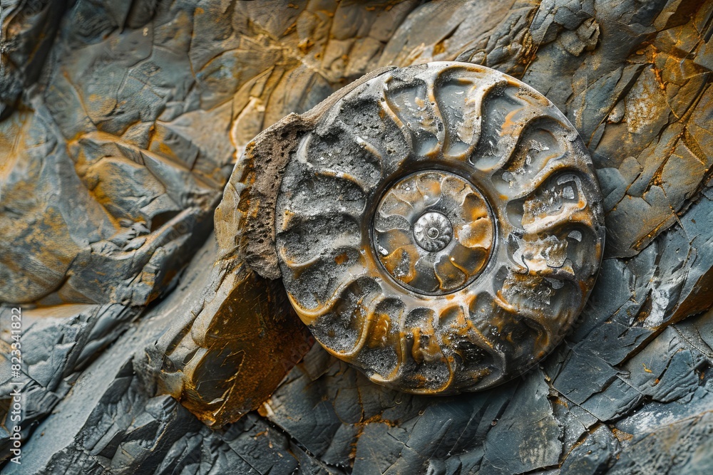 Detailed snapshot of an ancient fossil preserved in stone, highlighting natural history Detailed snapshot of an ancient fossil preserved in stone, highlighting natural history