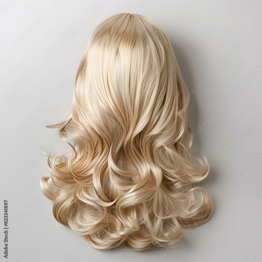Natural looking long hair cut light blonde back view wig isolated on white background Natural looking long hair cut light blonde back view wig isolated on white background