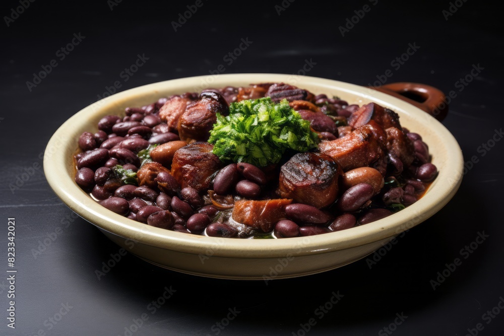 Hearty feijoada on a ceramic tile against a white marble background Hearty feijoada on a ceramic tile against a white marble background