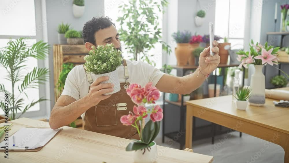A bearded man in a flower shop examines plants while holding a phone, showcasing a pleasant indoor environment. A bearded man in a flower shop examines plants while holding a phone, showcasing a pleasant indoor environment.