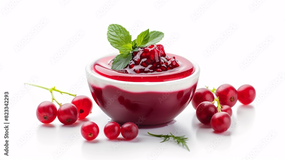 A creamy yogurt topped with tangy red berry spread, on a plain backdrop. A creamy yogurt topped with tangy red berry spread, on a plain backdrop.