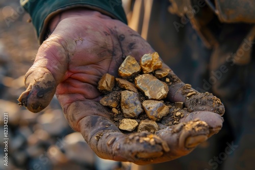 Close-up of a dirty hand showcasing naturally formed gold pieces, reflecting mining and geology
