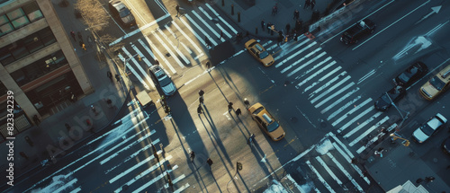 Aerial view of city streets with stark shadows and pedestrians  illustrating urban geometry.