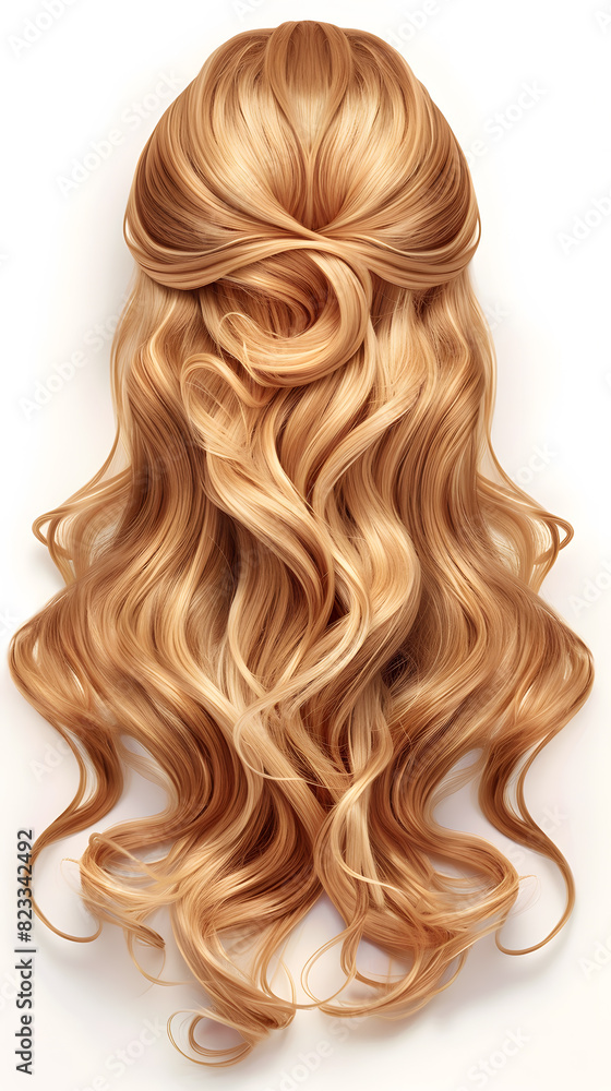 Natural looking long hair cut blonde wig isolated on white background Natural looking long hair cut blonde wig isolated on white background