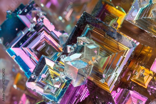 This macro image captures the intricate details and vibrant iridescence of bismuth crystals with sharp edges and geometric patterns photo