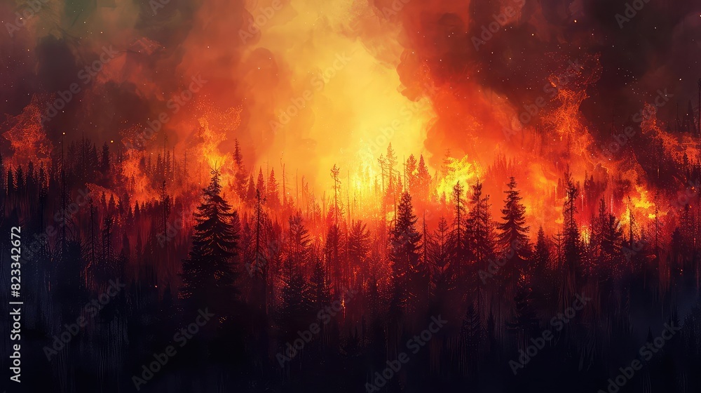 Wildfire in a forest, intense flames, smokefilled sky, vibrant colors, climate crisis, high resolution, Wildfire in a forest, intense flames, smokefilled sky, vibrant colors, climate crisis, high resolution,
