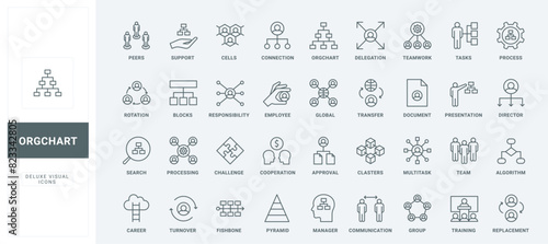 Leadership pyramid, communication between groups and teams thin black and red outline symbols, organogram vector illustration. Structure and hierarchy of corporate company, org chart line icons set