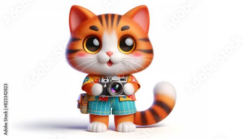 Adorable Anthropomorphic Feline Tourist Snaps Photos with Playful Charm (3D Character Design) © Pankaj