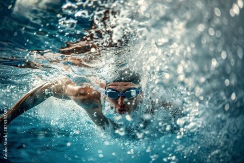 An athlete swimming freestyle in a pool, with water splashing around and a blurred area over the face