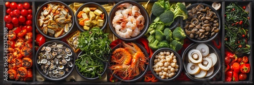 Cold Snacks Collection with Fresh Vegetables, Salted Fish, Baked Potato, Pickled Mushrooms and Shrimps photo