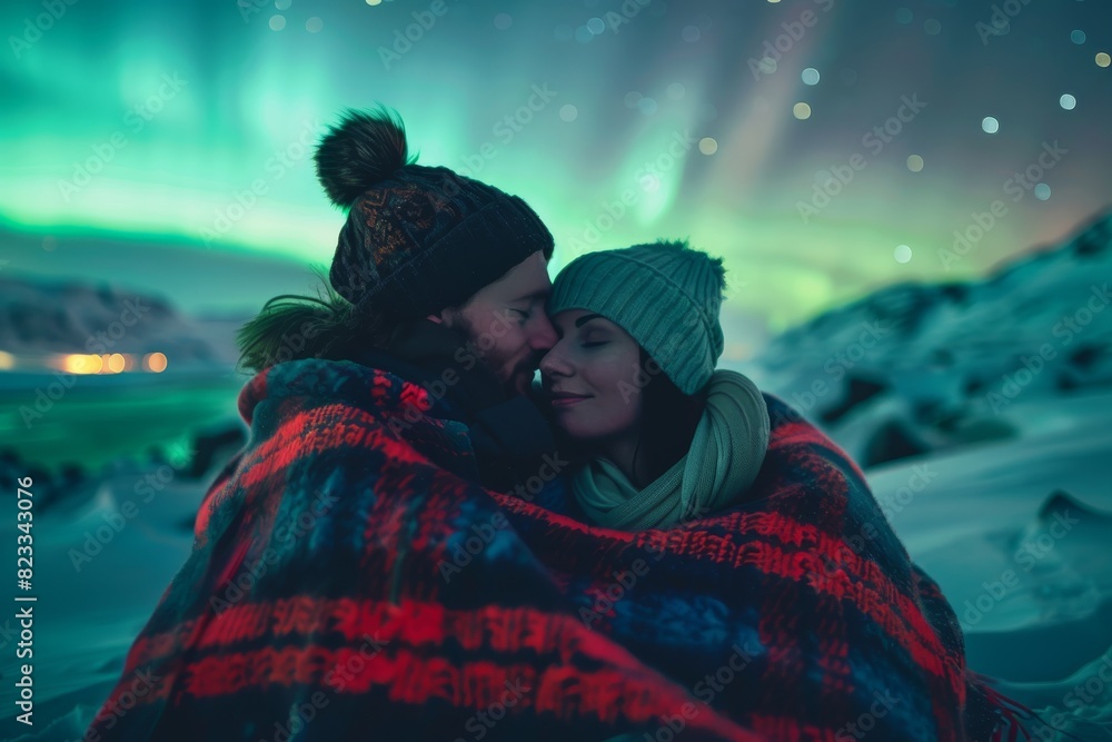 Two people share a close embrace under a vibrant aurora borealis in a snowy landscape, covered by a red blanket Two people share a close embrace under a vibrant aurora borealis in a snowy landscape, covered by a red blanket