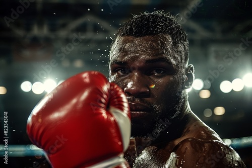 A boxer with glistening skin and red gloves prepares in the ring, showcasing the intensity of the sport © ChaoticMind