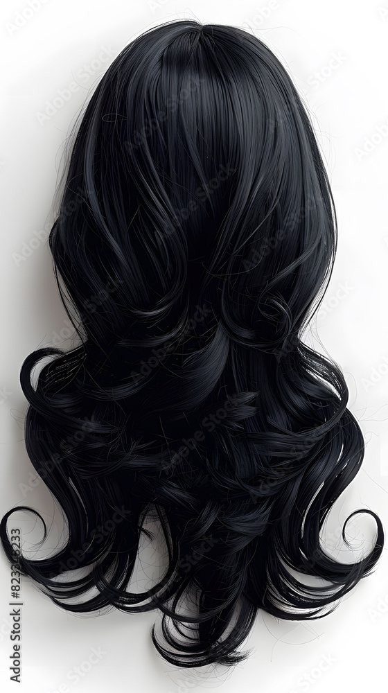 Natural looking long hair cut black wig back view isolated on white background Natural looking long hair cut black wig back view isolated on white background