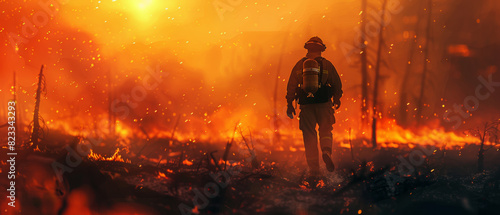 A lone firefighter walks through a fiery hellscape  embers dancing in a haunting dusk.