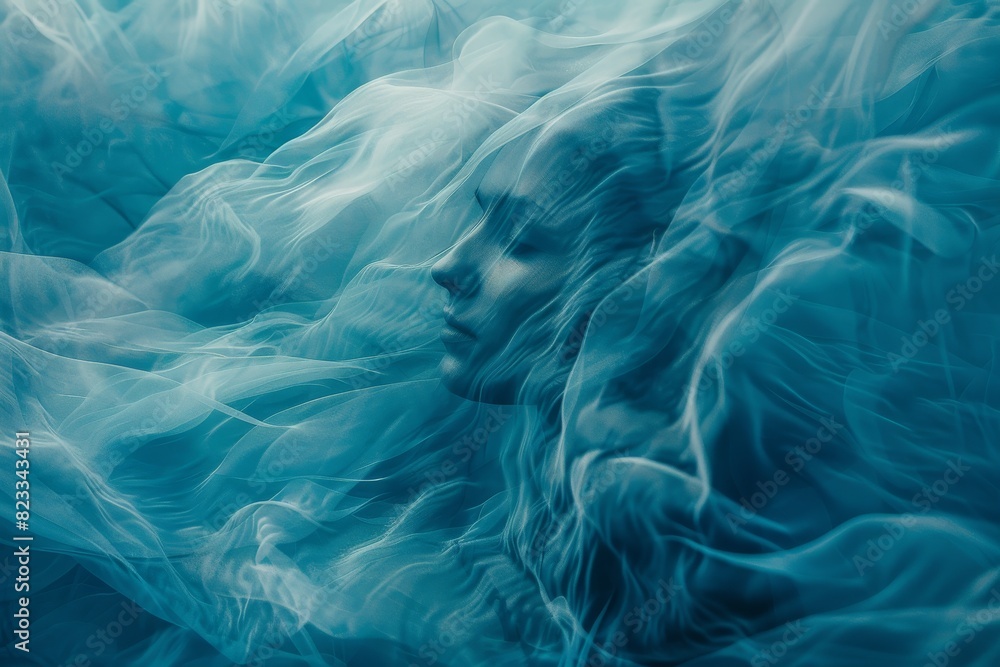 Fototapeta premium An ethereal portrait with a face enveloped in soft, billowing blue fabric, evoking dreams and tranquility