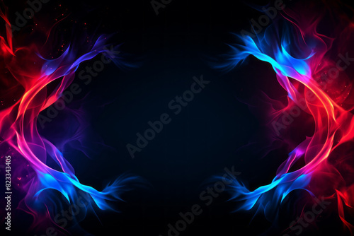 Abstract blue and red fire flames frame on black background. Template or banner, creative design with copyspace