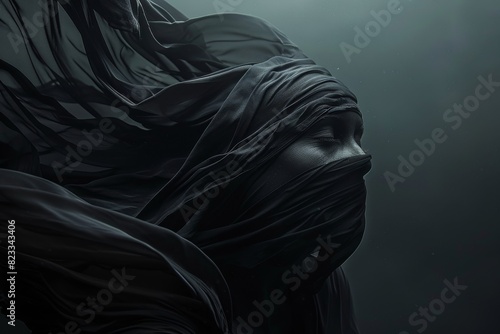 A mysterious image with a figure covered in dark, rippling fabric that gives a sense of enigma and hidden identity