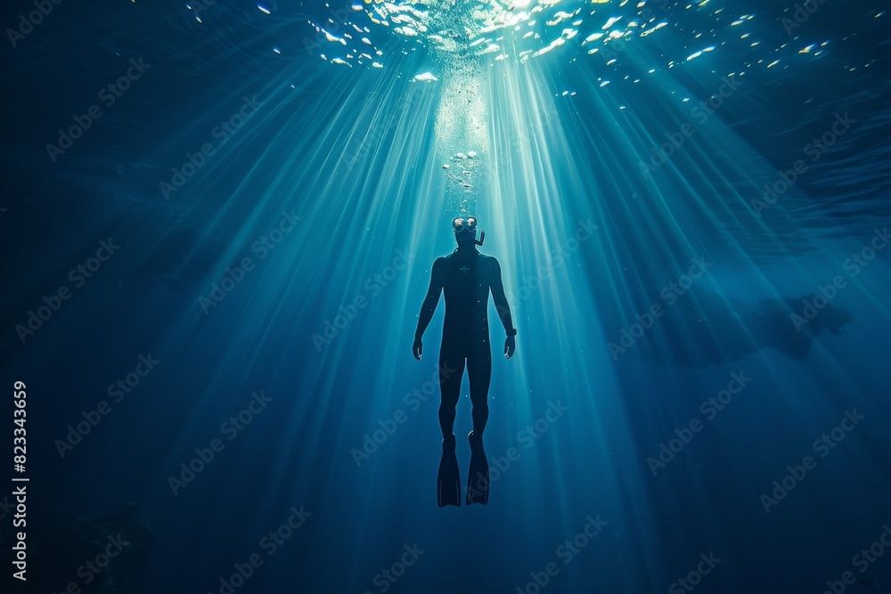 An image of a diver floating serenely underwater with sunbeams filtering through the ocean's surface An image of a diver floating serenely underwater with sunbeams filtering through the ocean's surface