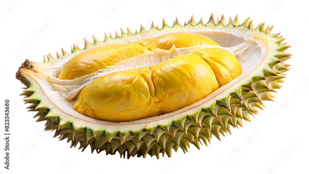 Fototapeta premium Fresh durian slices with their creamy yellow flesh on a white background