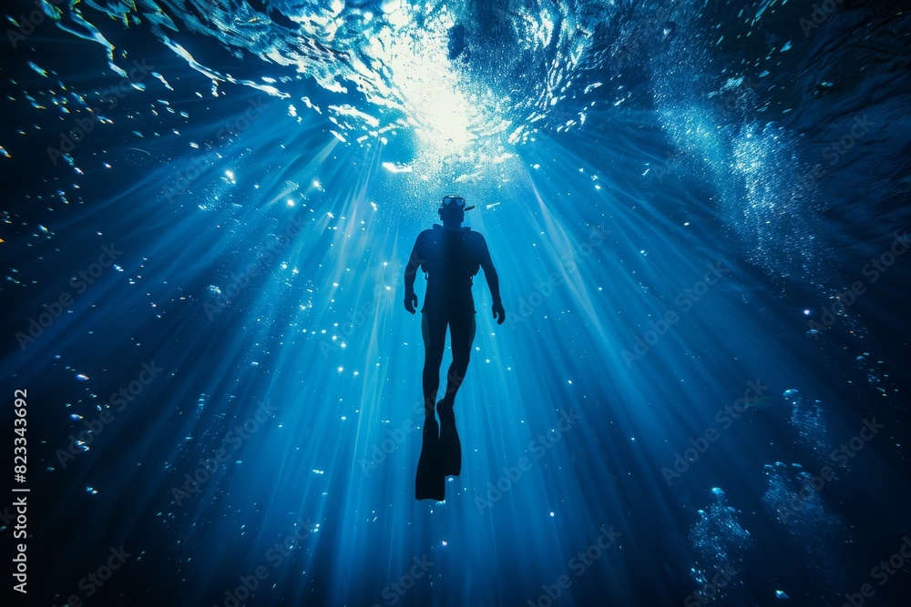 Dramatic composition featuring a diver's silhouette with vivid blue ocean backdrop and light rays penetrating the water