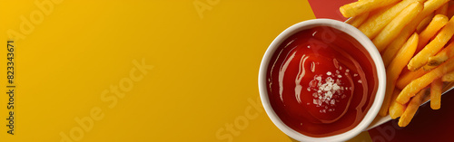 A plate of french fries with ketchup delicious indulgent appetizer golden fried on yellow background
 photo