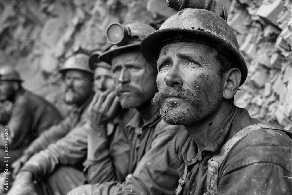 A monochrome image of coal miners with soot-covered faces looking fatigued and contemplative A monochrome image of coal miners with soot-covered faces looking fatigued and contemplative