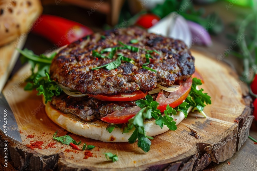 Halal Burger with Mutton and Hummus, Kosher Round Sandwich with Meat, Vegetables, Greens Halal Burger with Mutton and Hummus, Kosher Round Sandwich with Meat, Vegetables, Greens