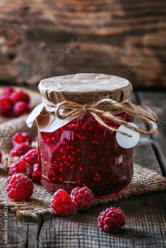Homemade Raspberry Jam in Glass Jar on Rustic Wooden Background