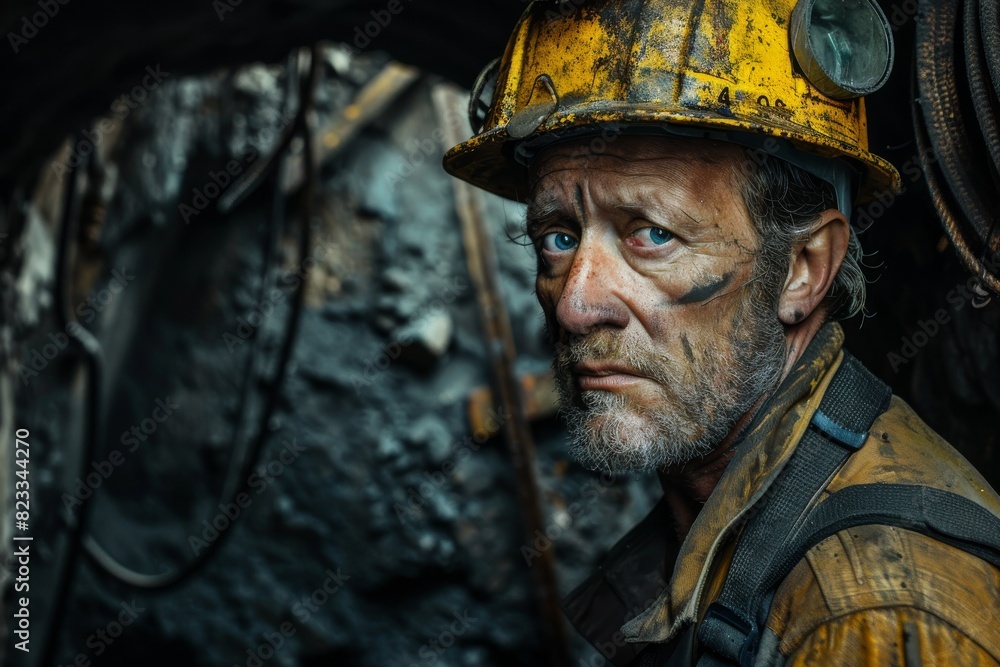 Fototapeta premium A miner equipped with a helmet highlighting the dangerous and tough working conditions