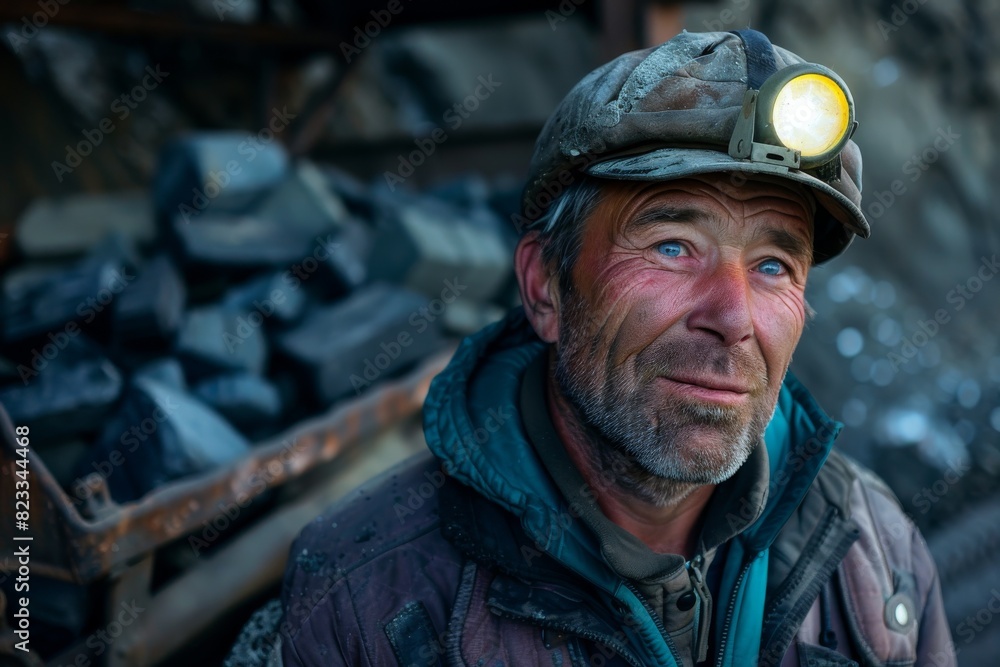 Close-up of a miner with a headlamp and face covered in coal dust Close-up of a miner with a headlamp and face covered in coal dust