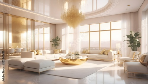 white and gold theme interior modern minimalism photo realism