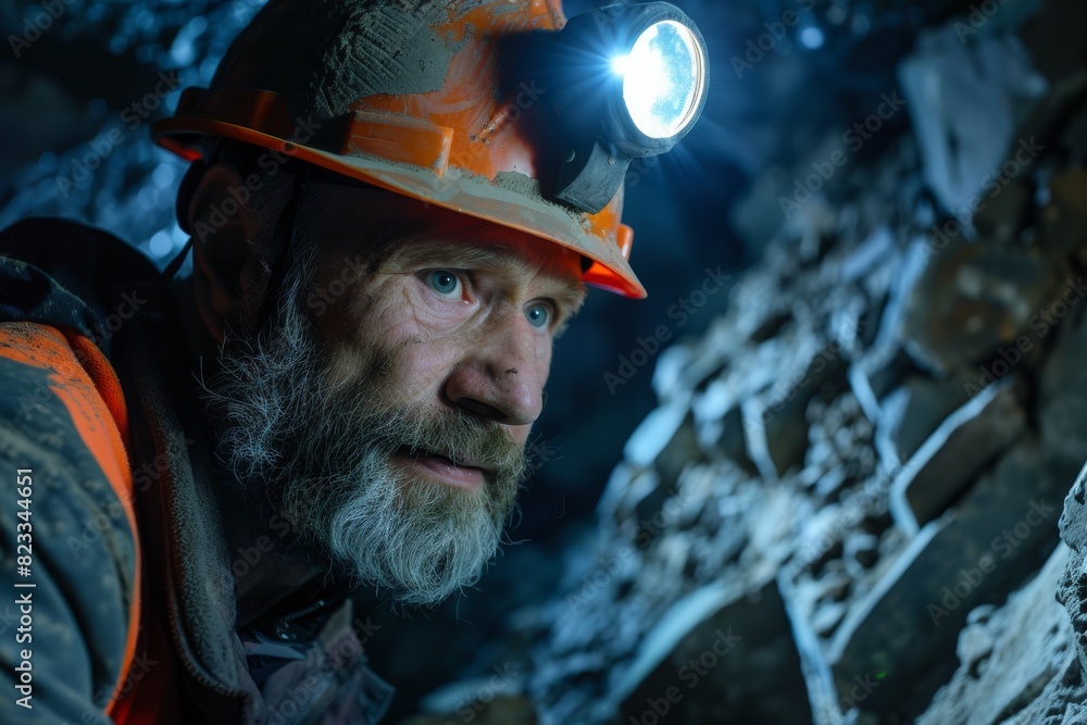 Fototapeta premium Close-up of a miner's headlamp in a rocky mine, highlighting the mining conditions and safety