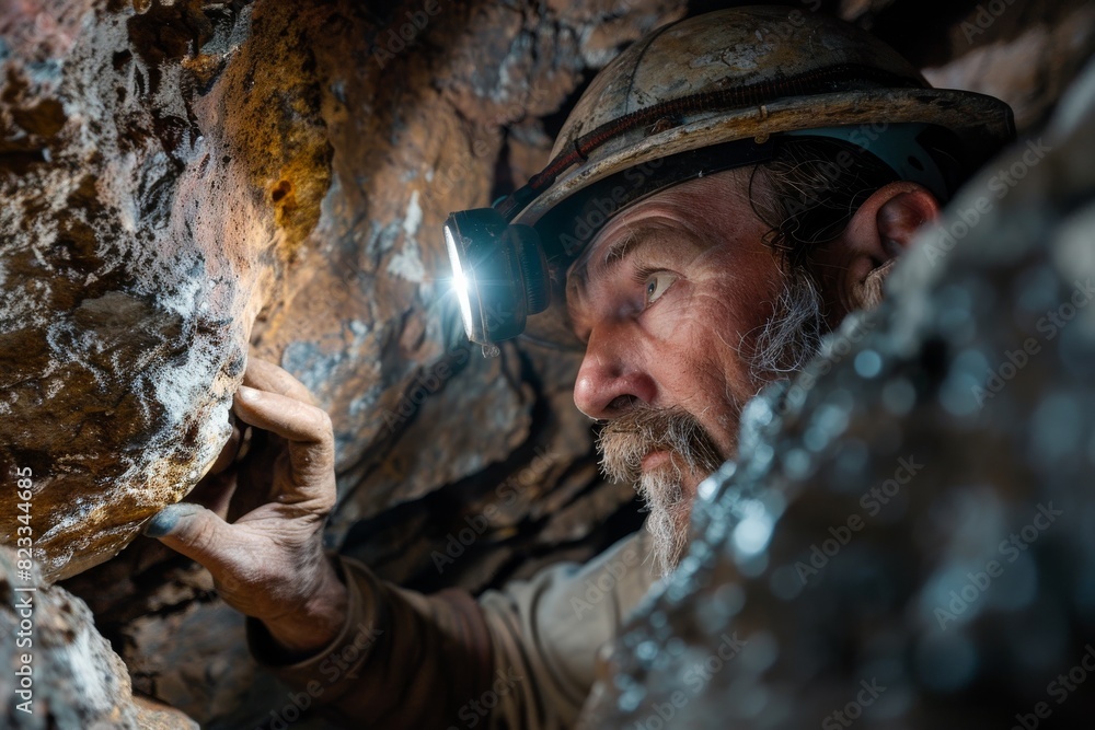 Mining professional using a headlamp to examine the rocky walls of a cavernous mine for inspection
