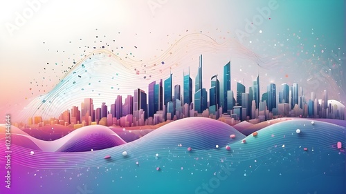 Cities of the future and abstract dots connect with the aesthetic and gradient line Complex wave line architecture, huge data connectivity concept #823344644