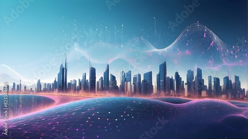 Cities of the future and abstract dots connect with the aesthetic and gradient line Complex wave line architecture, huge data connectivity concept #823344665