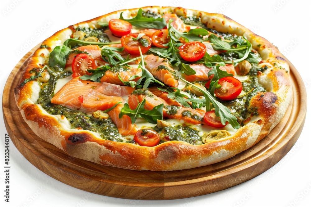 Salmon Pizza with Salmon, Seafood Flatbread with Pickled Artichokes, Arugula, Cherry Tomatoes Salmon Pizza with Salmon, Seafood Flatbread with Pickled Artichokes, Arugula, Cherry Tomatoes