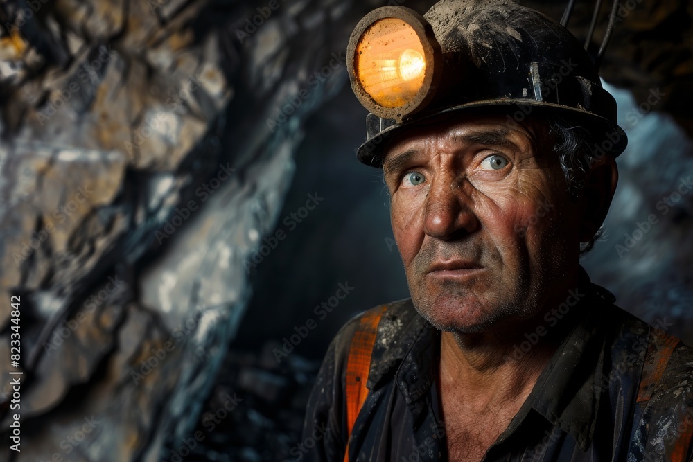 Image captures a serious-looking miner with an orange glowing headlamp against a dark rocky background Image captures a serious-looking miner with an orange glowing headlamp against a dark rocky background
