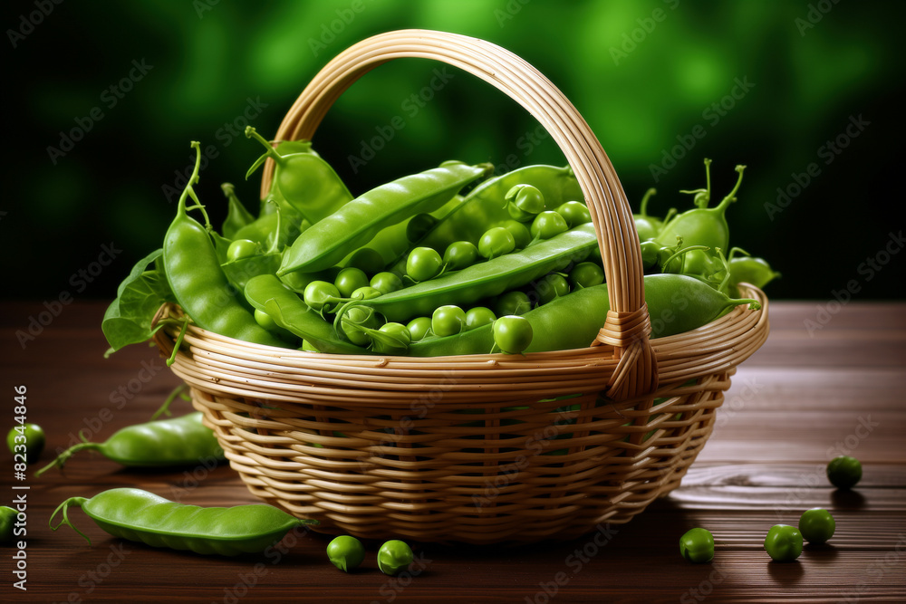 Basket of green peas on wooden table. Background with selective focus and copy space Basket of green peas on wooden table. Background with selective focus and copy space