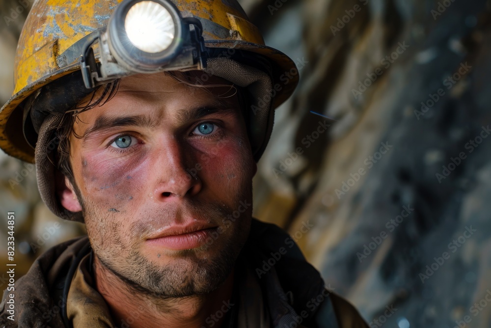 A portrait of a young, dirt-covered miner with a bright headlamp on his safety helmet, looking direct A portrait of a young, dirt-covered miner with a bright headlamp on his safety helmet, looking direct