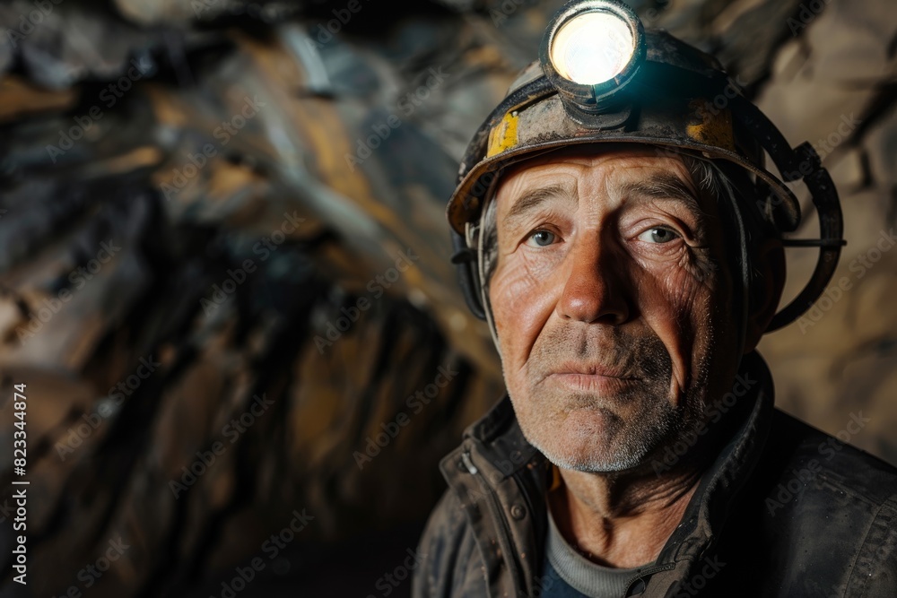 Obraz premium Close-up of a miner with headlamp wearing protective gear inside a dark, atmospheric mining tunnel