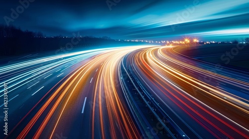 High-speed long exposure photo of a highway at night, capturing dynamic light trails from passing vehicles under a blue sky.