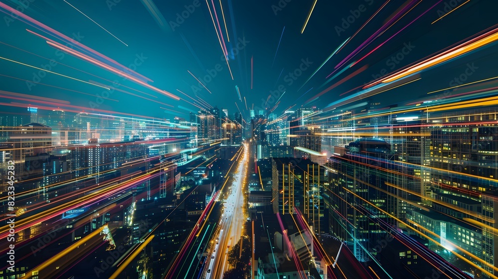 Futuristic Light Trails Over City at Night Futuristic Light Trails Over City at Night